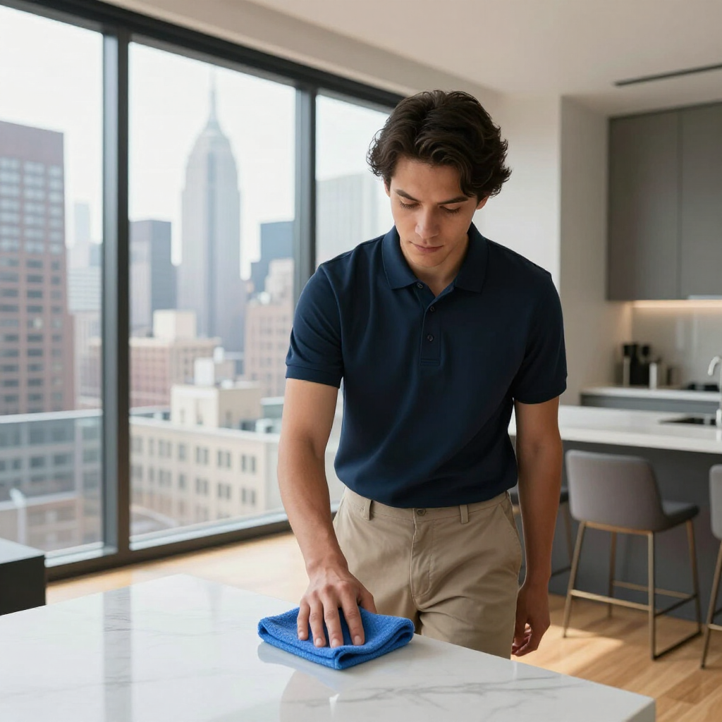 Person wiping a kitchen floor with a blue cloth in a modern apartment with city views