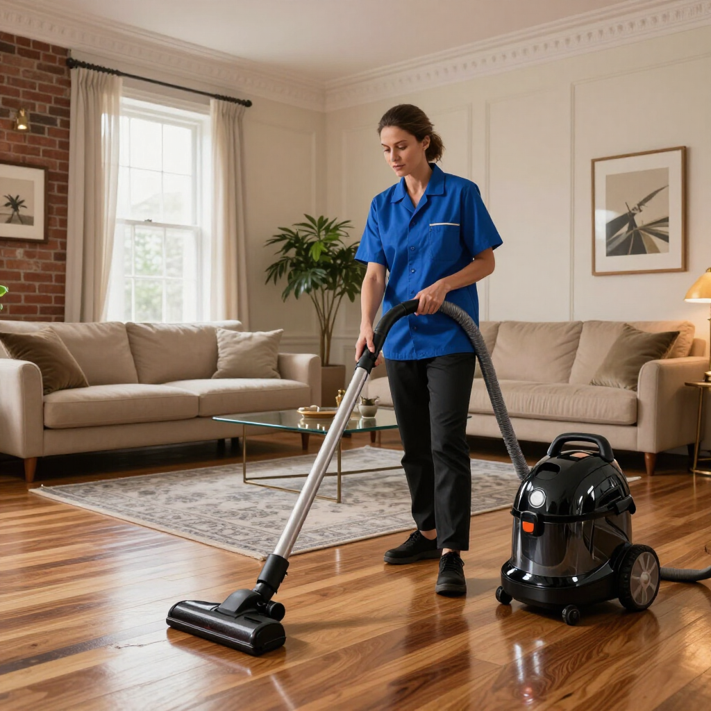 Person vacuuming a hardwood living room beside a canister vacuum, with sofas and a window in the background