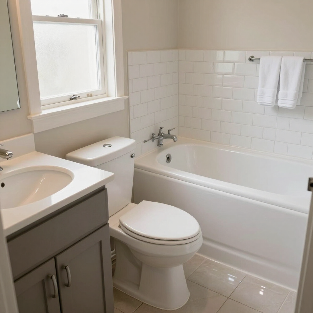 Bright bathroom with white tub, toilet, sink, and tiled walls; gray vanity and window.