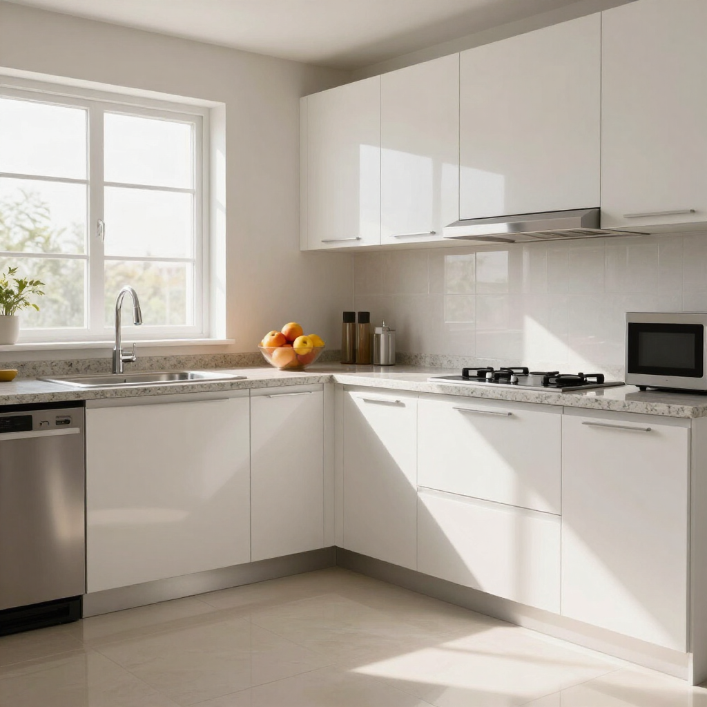 Bright modern white kitchen with sunlit window, L-shaped counter, sink, stove, and fruit bowl.