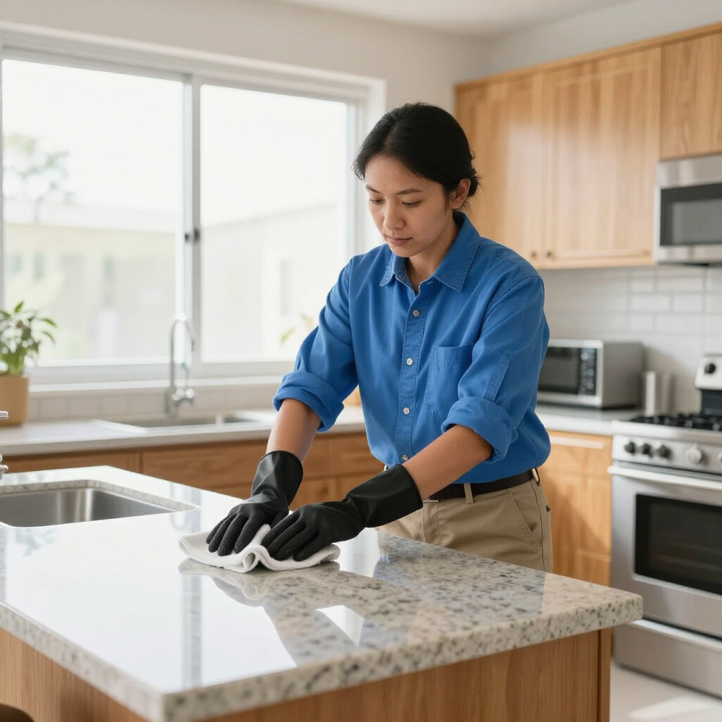 Person in blue shirt cleaning a kitchen countertop with a cloth and gloves