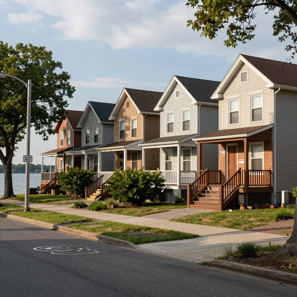 Row of colorful suburban houses along a quiet street near the water