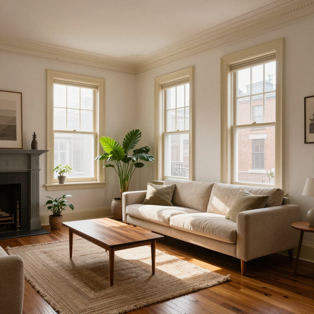 Bright living room with beige sofa, wooden coffee table, plants, fireplace, and sunlight through tall windows