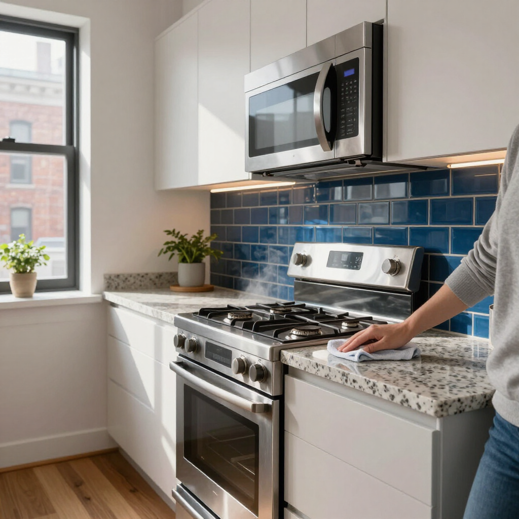 Bright modern kitchen with stainless steel appliances, blue tile backsplash, and a hand on the counter