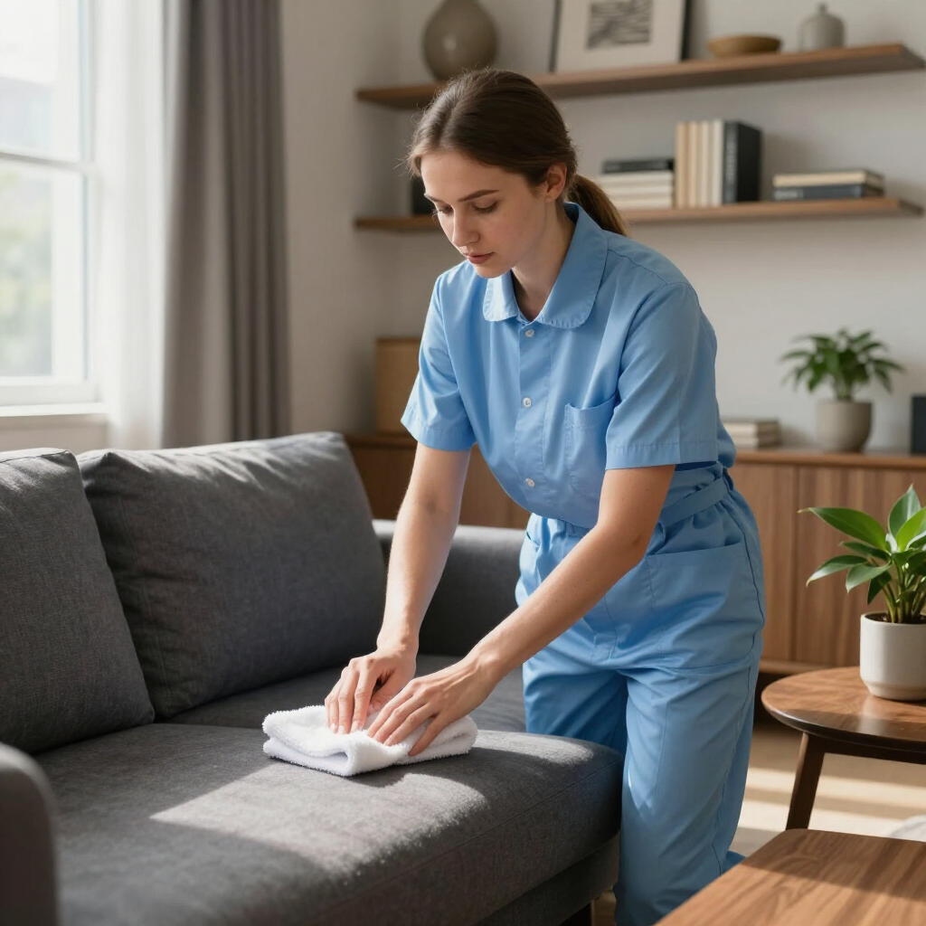 Woman cleaning a gray sofa with a folded white cloth in a bright living room