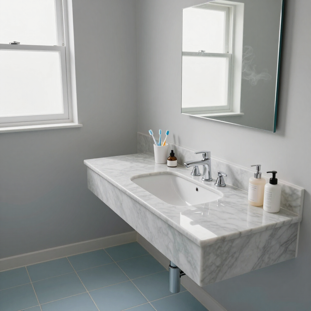 Modern bathroom vanity with marble sink, mirror, and toiletries by a window
