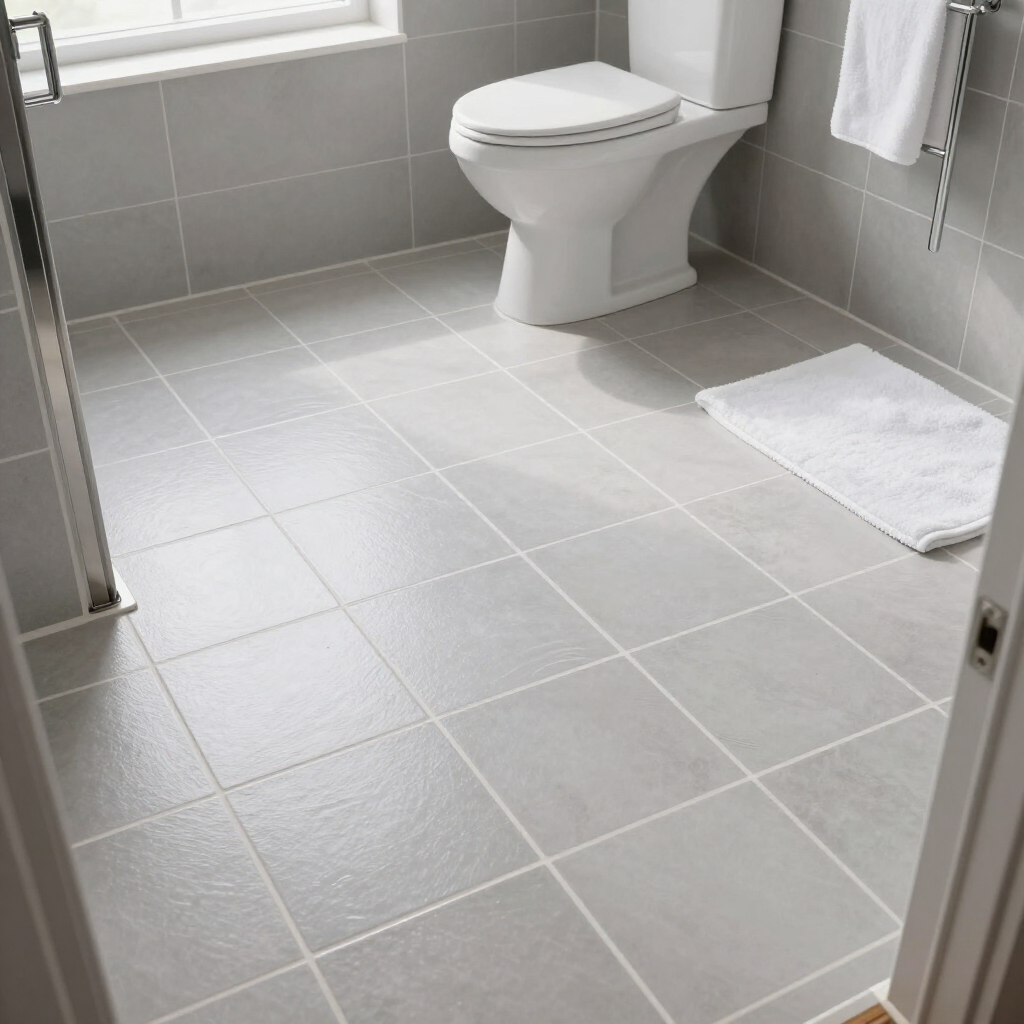 Small tiled bathroom with a toilet, gray floor tiles, and a white bath mat near the sink area.