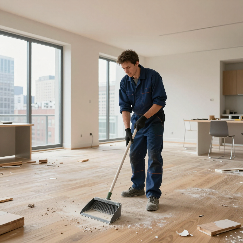 Worker sweeping debris from a wood floor in a bright, unfurnished apartment under renovation