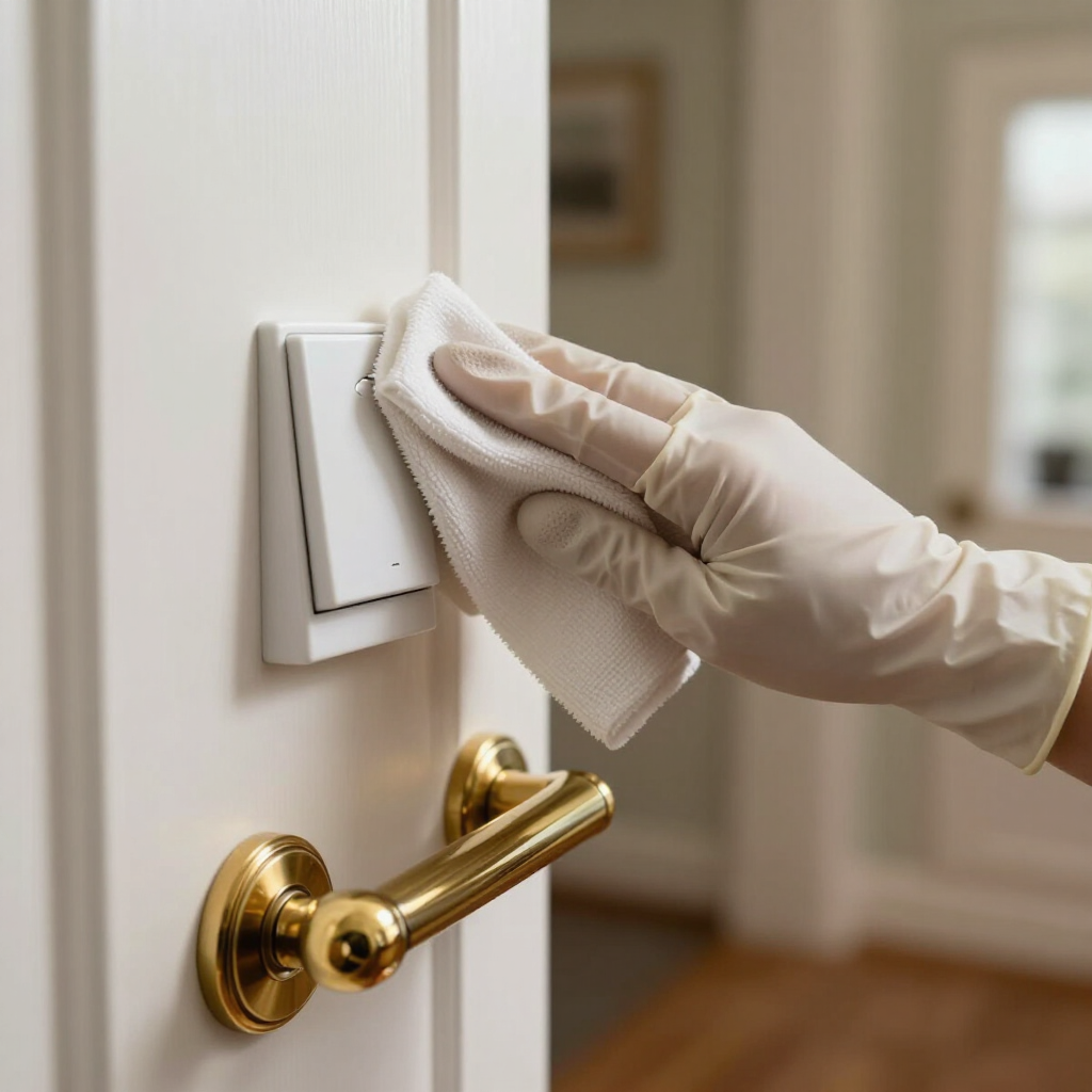 Gloved hand wiping a white light switch beside a gold door handle in a hallway