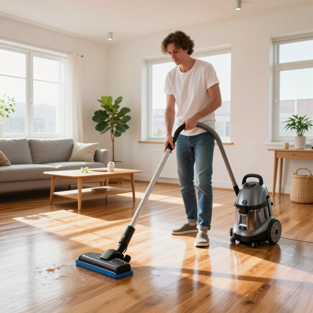 Person vacuuming a sunlit living room with a canister vacuum and floor attachment