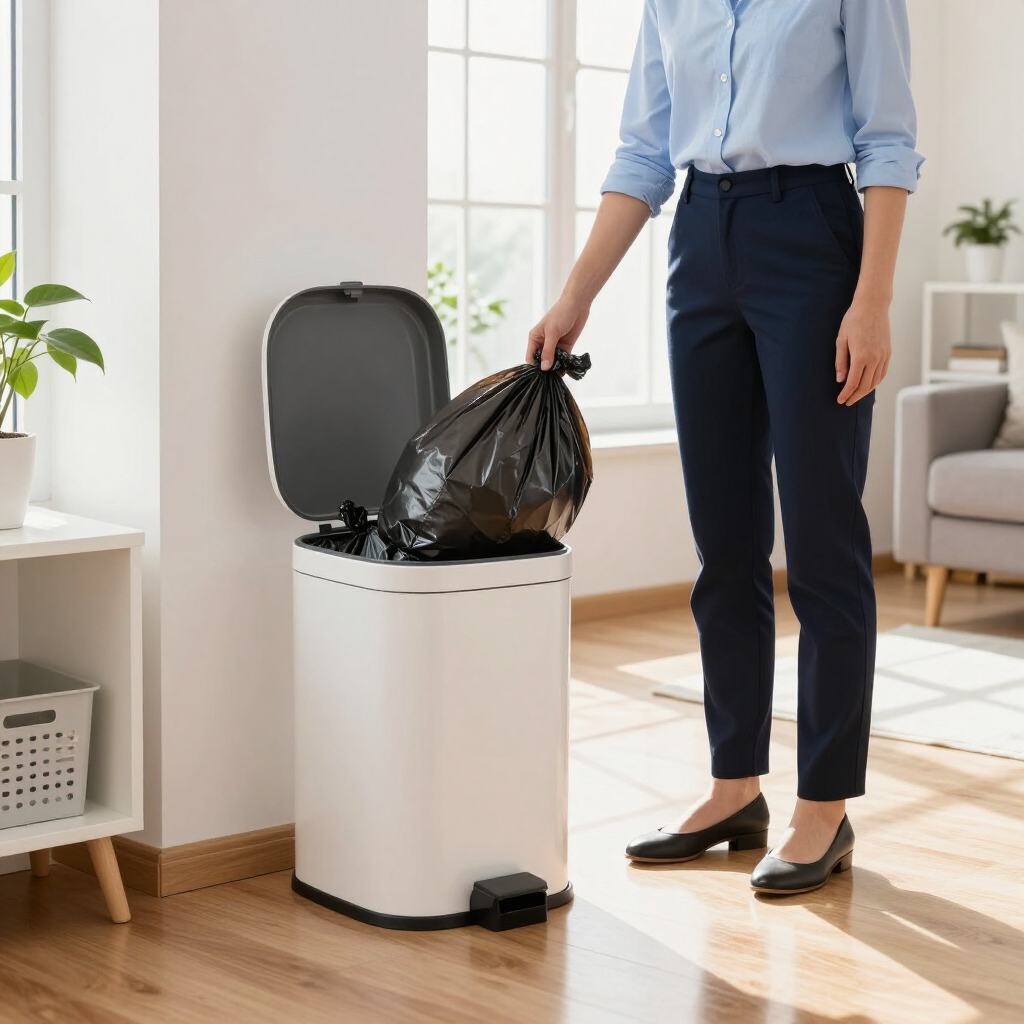 Person dropping a black trash bag into a white step trash can in a bright living room
