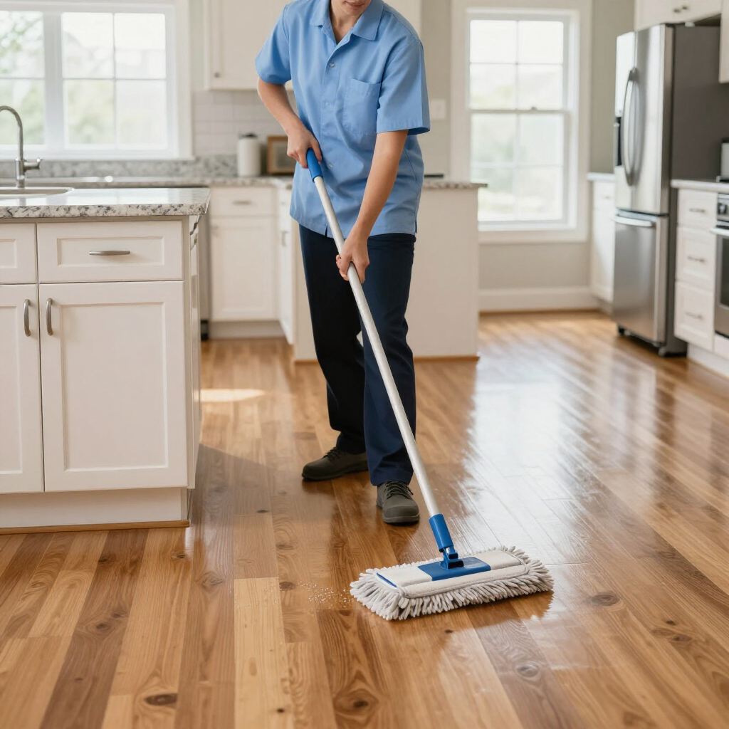Person mopping a hardwood kitchen floor with a blue mop in a bright room