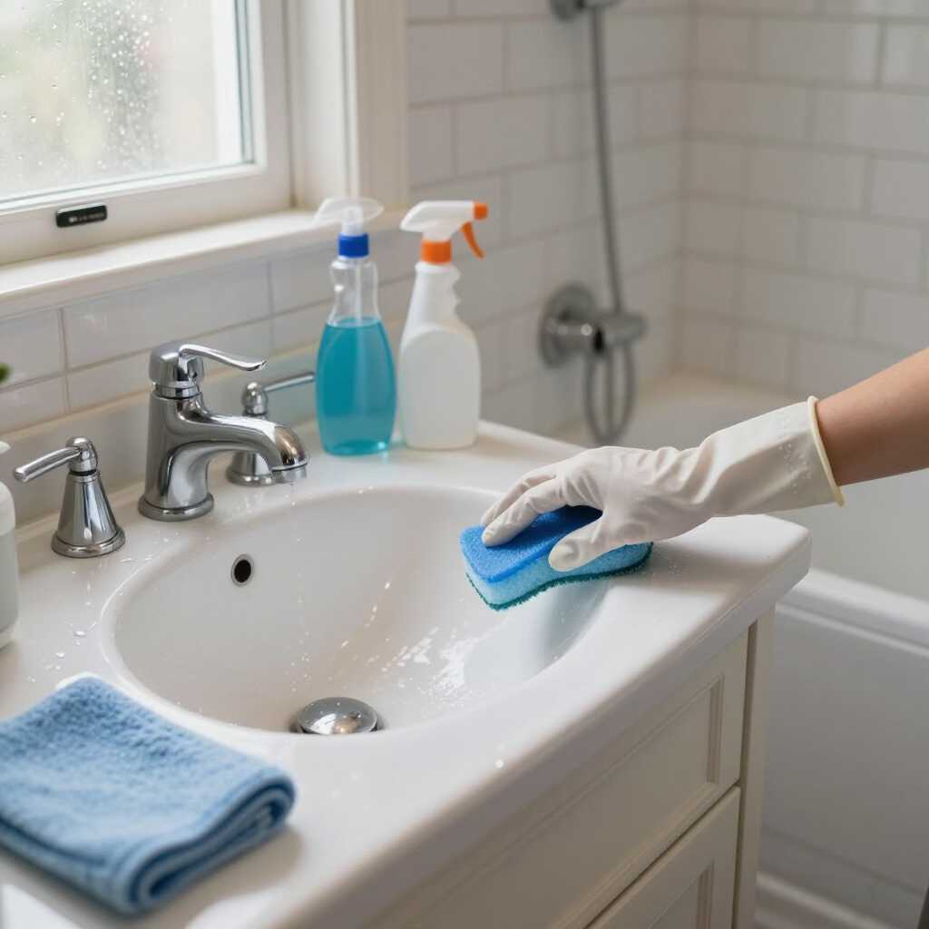 Gloved hand wiping a white bathroom sink with a blue cloth beside cleaning spray bottles