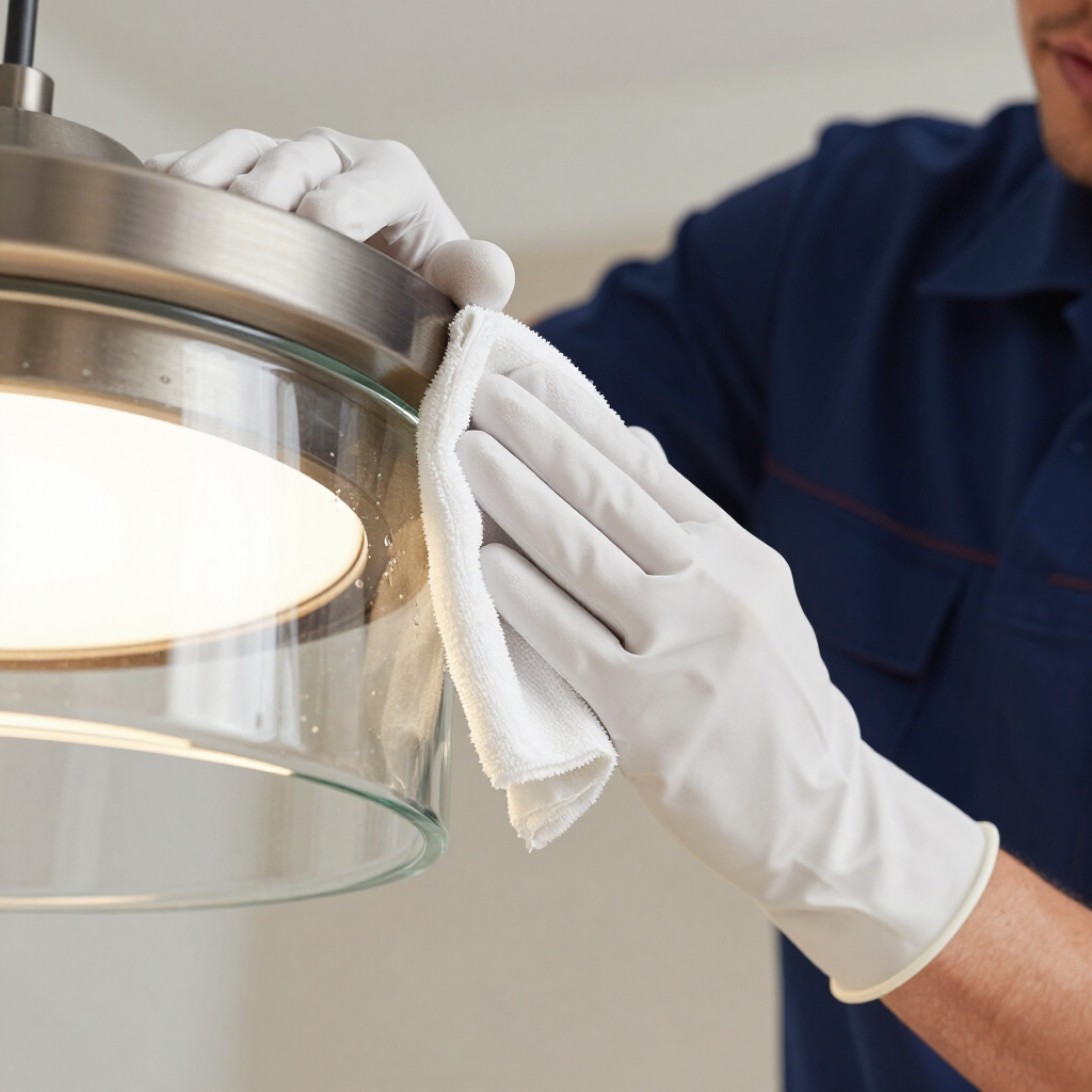 Gloved hands wiping a glass light fixture with a cloth during cleaning