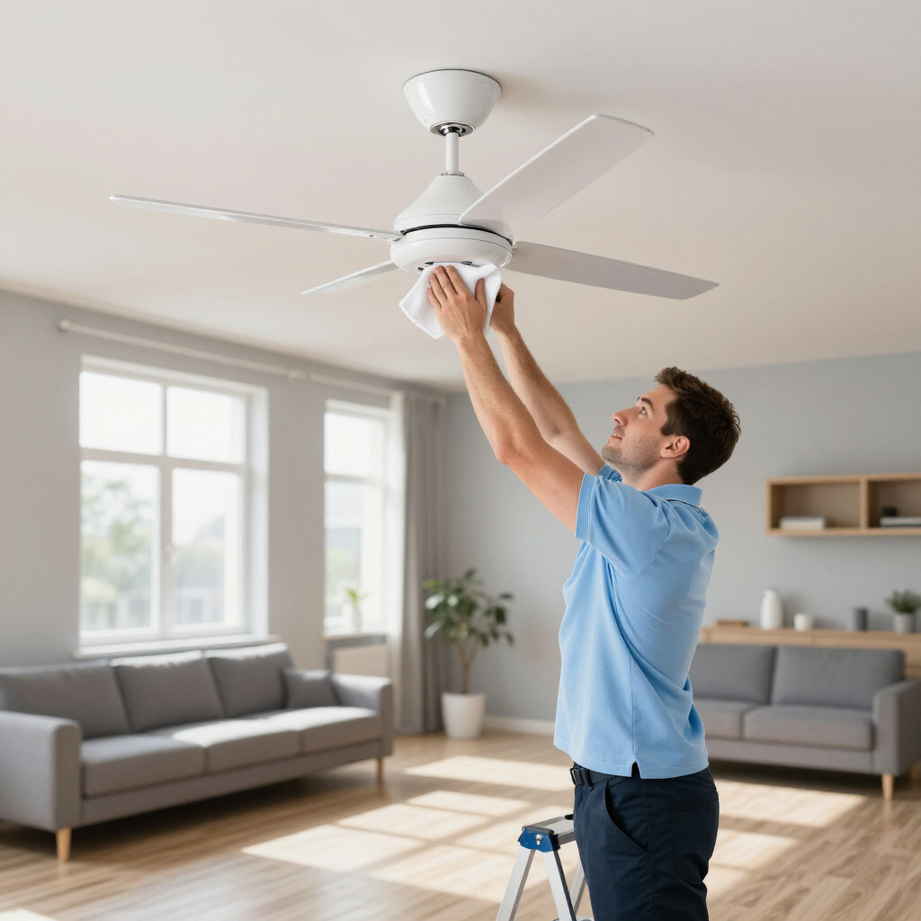 Person standing on a step stool adjusting a white ceiling fan in a bright living room