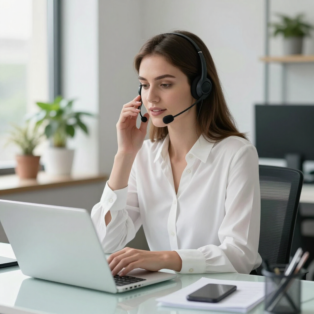 Woman wearing a headset working on a laptop at an office desk, on a phone call.