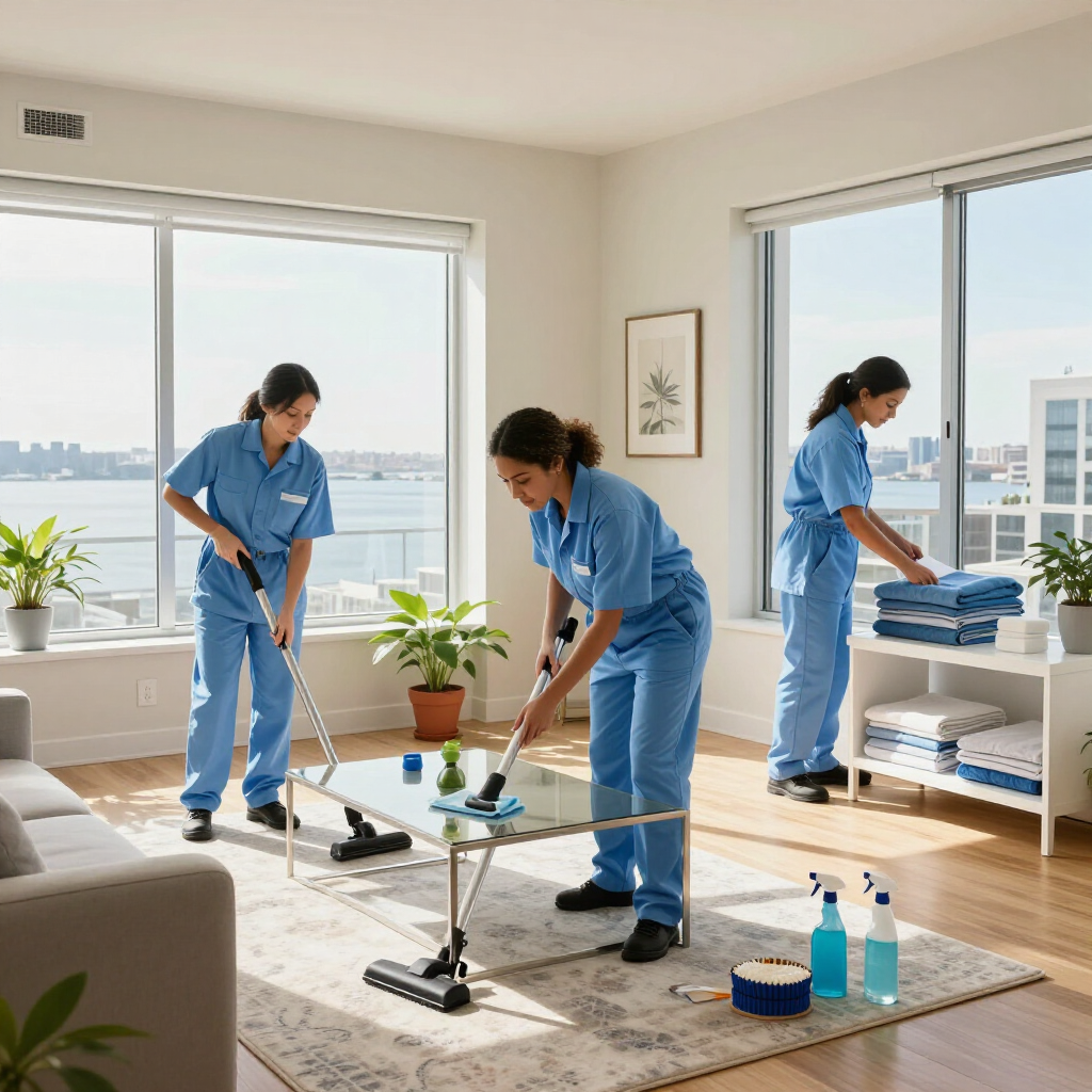 Three cleaners in blue uniforms tidying a bright living room with mops, supplies, and a folded table runner