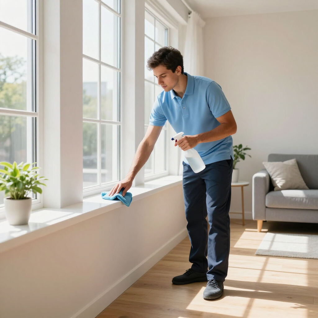 Man cleaning a sunny windowsill with a blue cloth in a living room