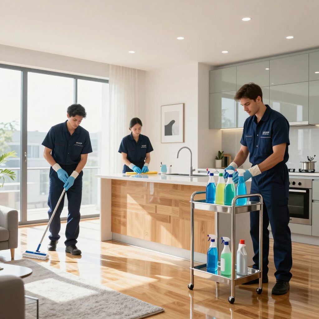 Three cleaners in navy uniforms mopping a bright modern kitchen floor and countertop.