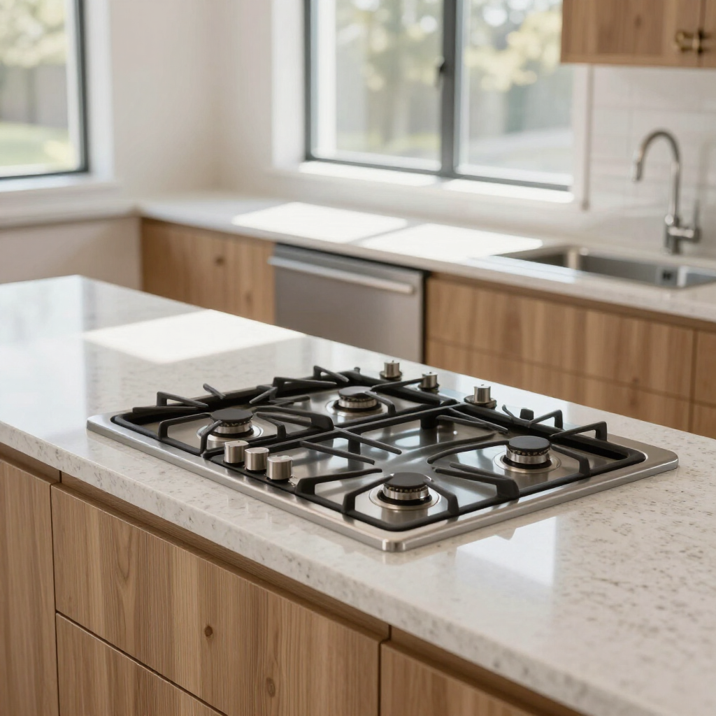 Modern kitchen with a stainless gas cooktop on a white island countertop, wood cabinets, and sunlit windows.