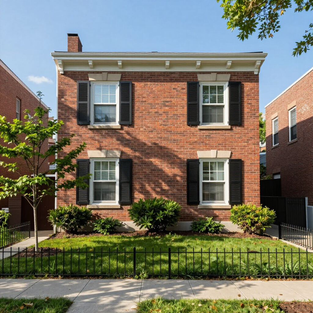 Brick townhouse with white trim and black shutters, front lawn and sidewalk in a sunny neighborhood.