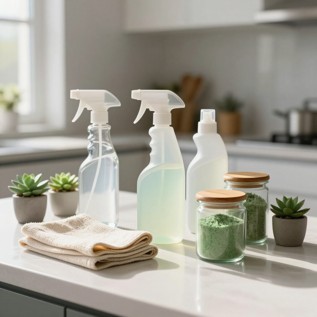 Cleaning supplies, folded towels, and potted succulents on a bright kitchen counter.