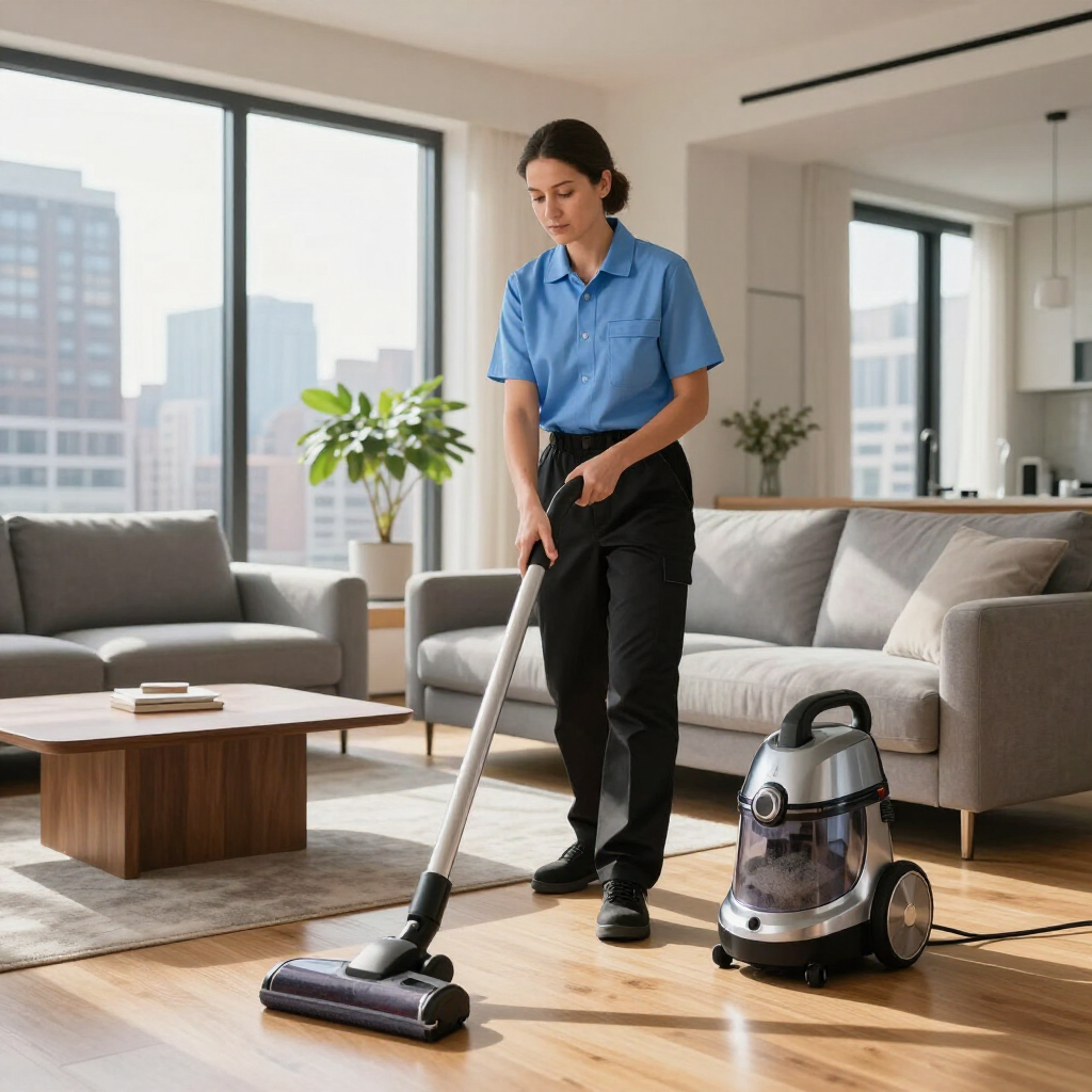 Vacuuming a bright living room beside a canister vacuum cleaner