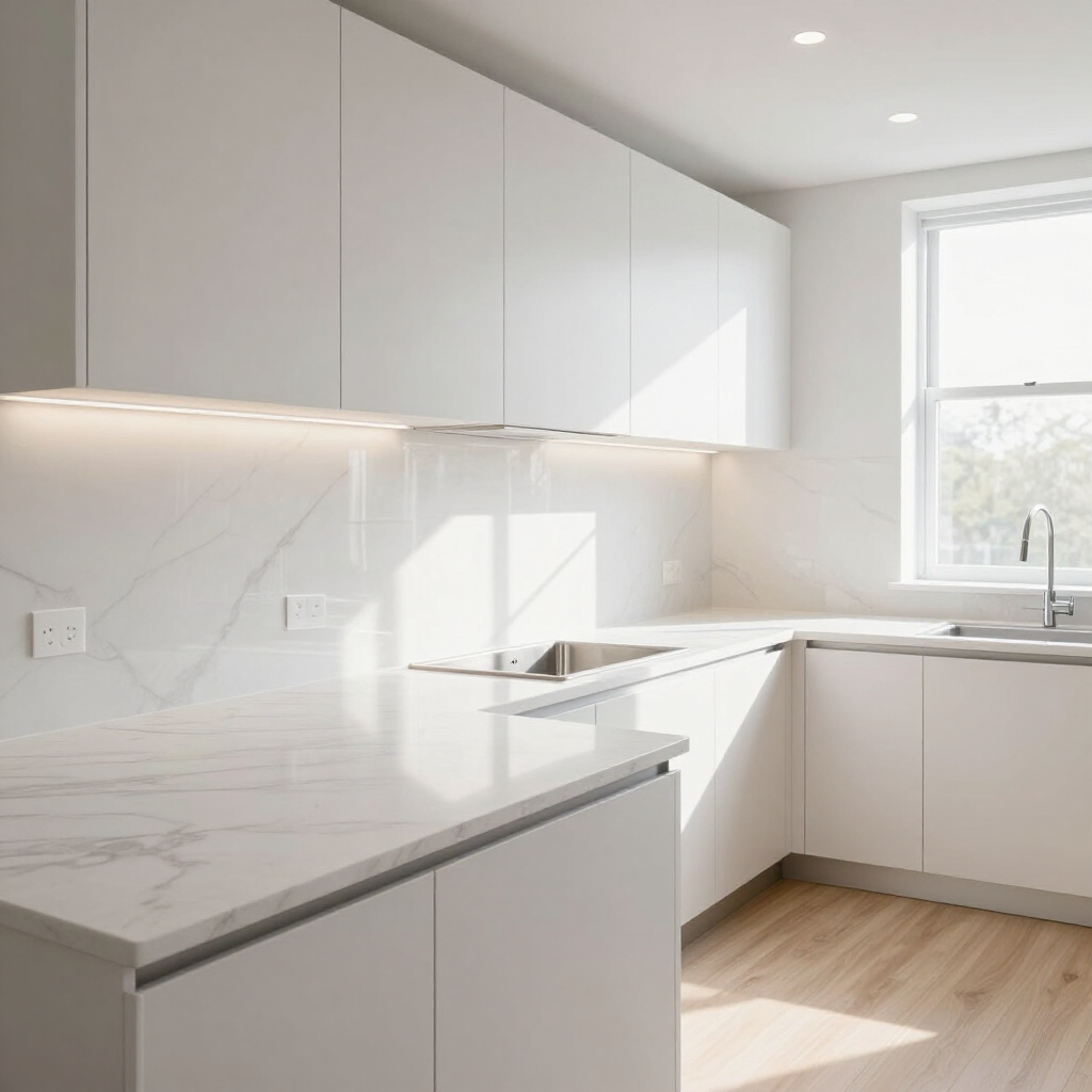 Bright white modern kitchen with marble countertops, cabinets, and a sunlit window above the sink