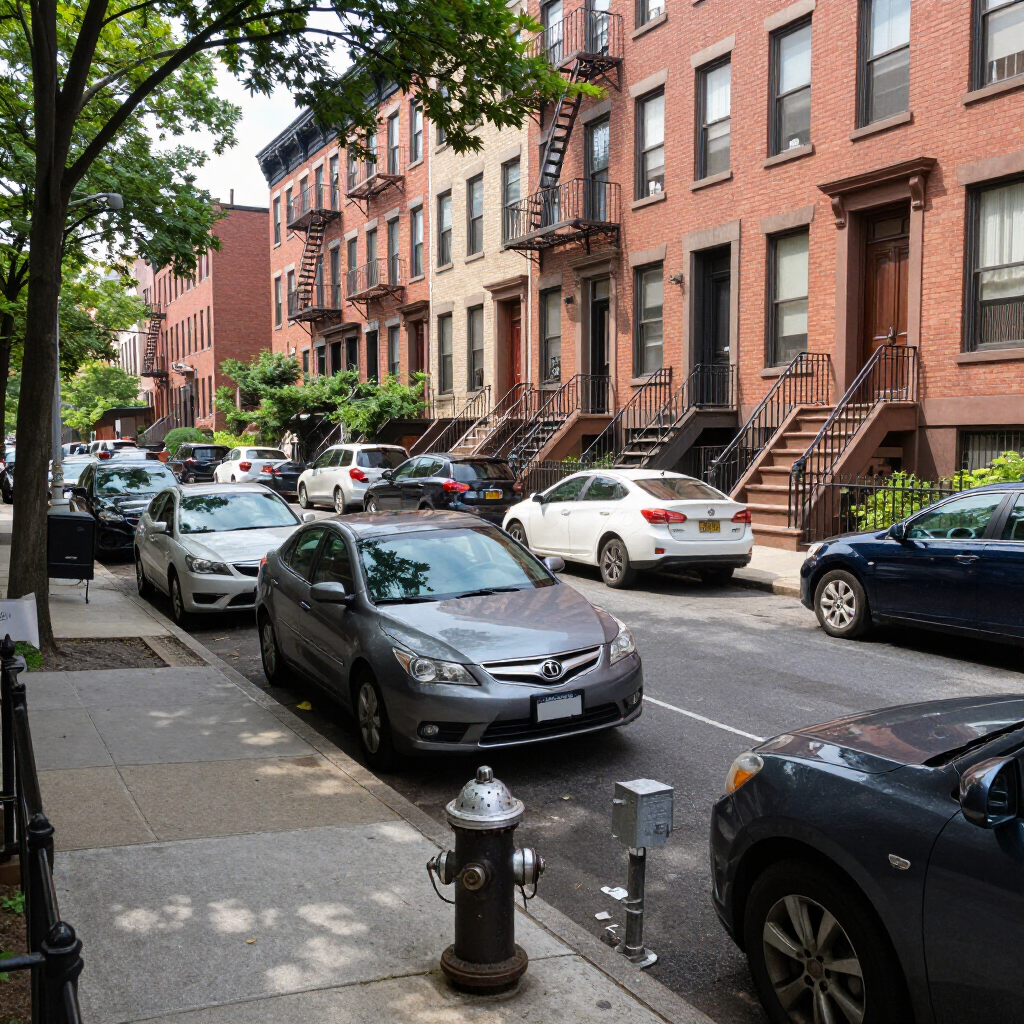 Brick-lined city street with parked cars and brownstone row houses on a sunny day