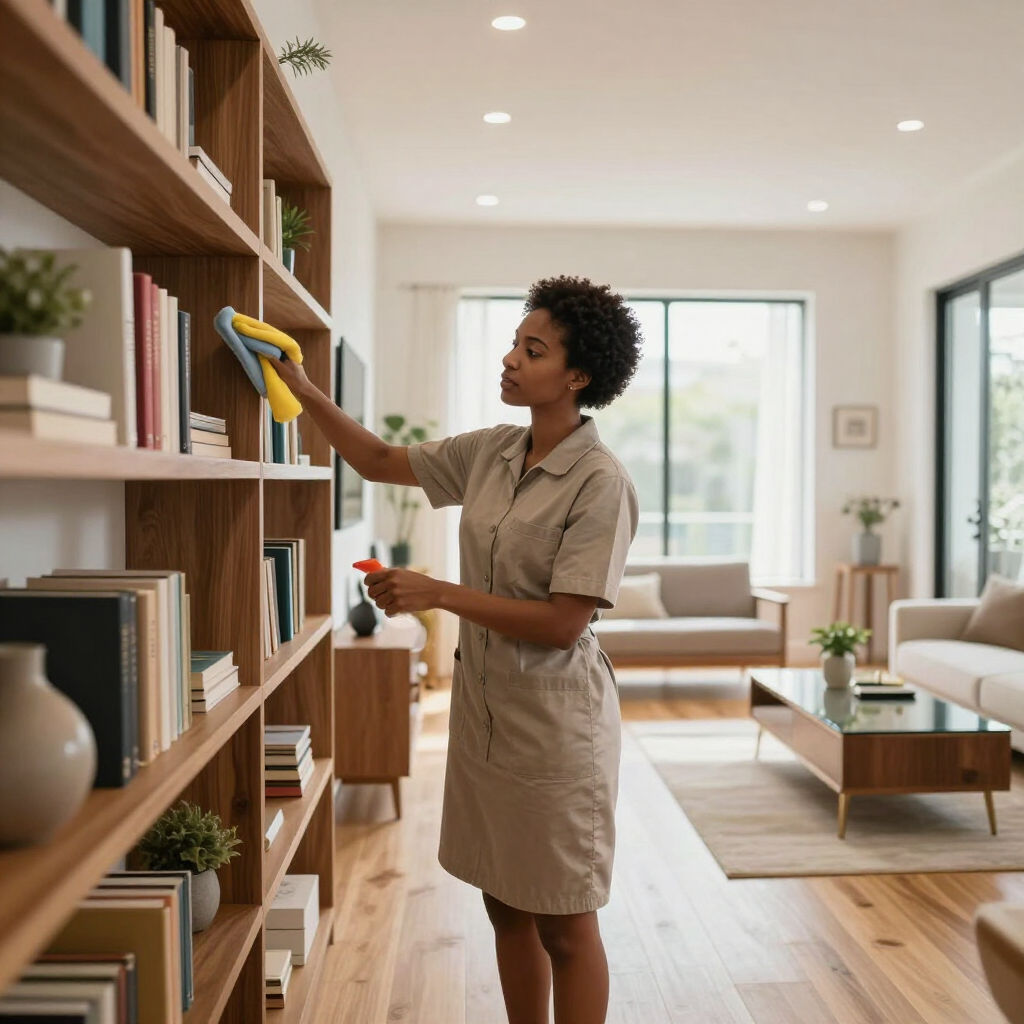 Person dusting bookshelves in a bright modern living room