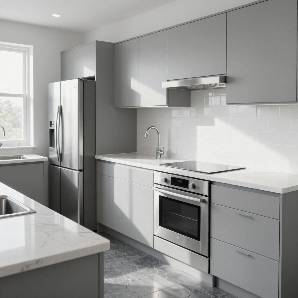 Modern gray kitchen with stainless steel appliances, white countertops, and a window-lit sink area
