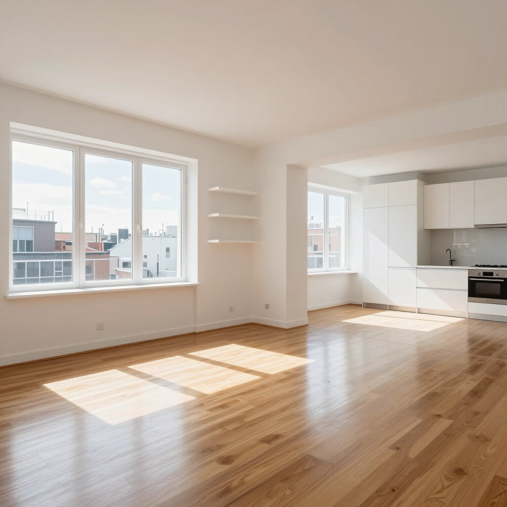 Bright empty modern apartment with wood floors, large windows, and a white kitchen.