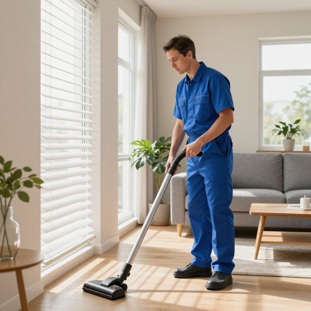 Man vacuuming a sunlit living room with a cordless vacuum beside a sofa and potted plants