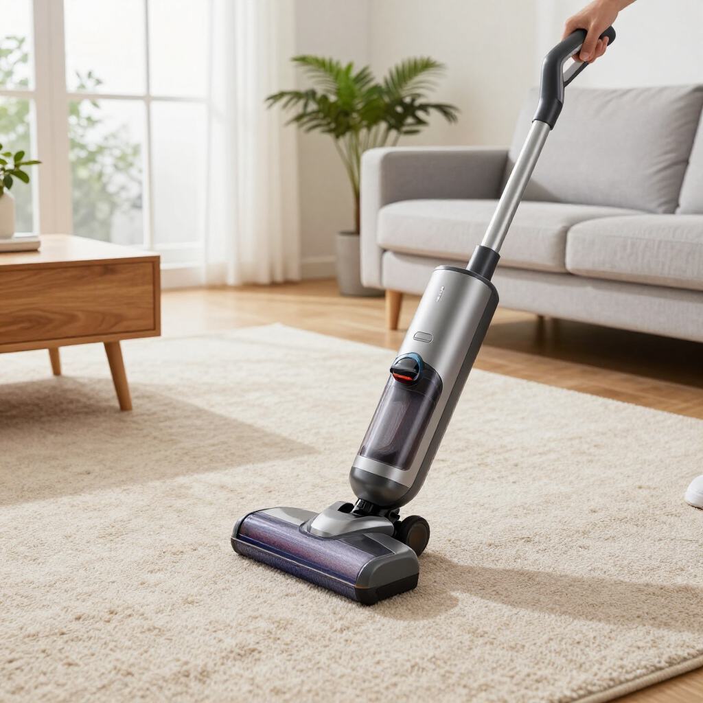 Handheld vacuum cleaning a beige rug in a bright living room beside a sofa and coffee table