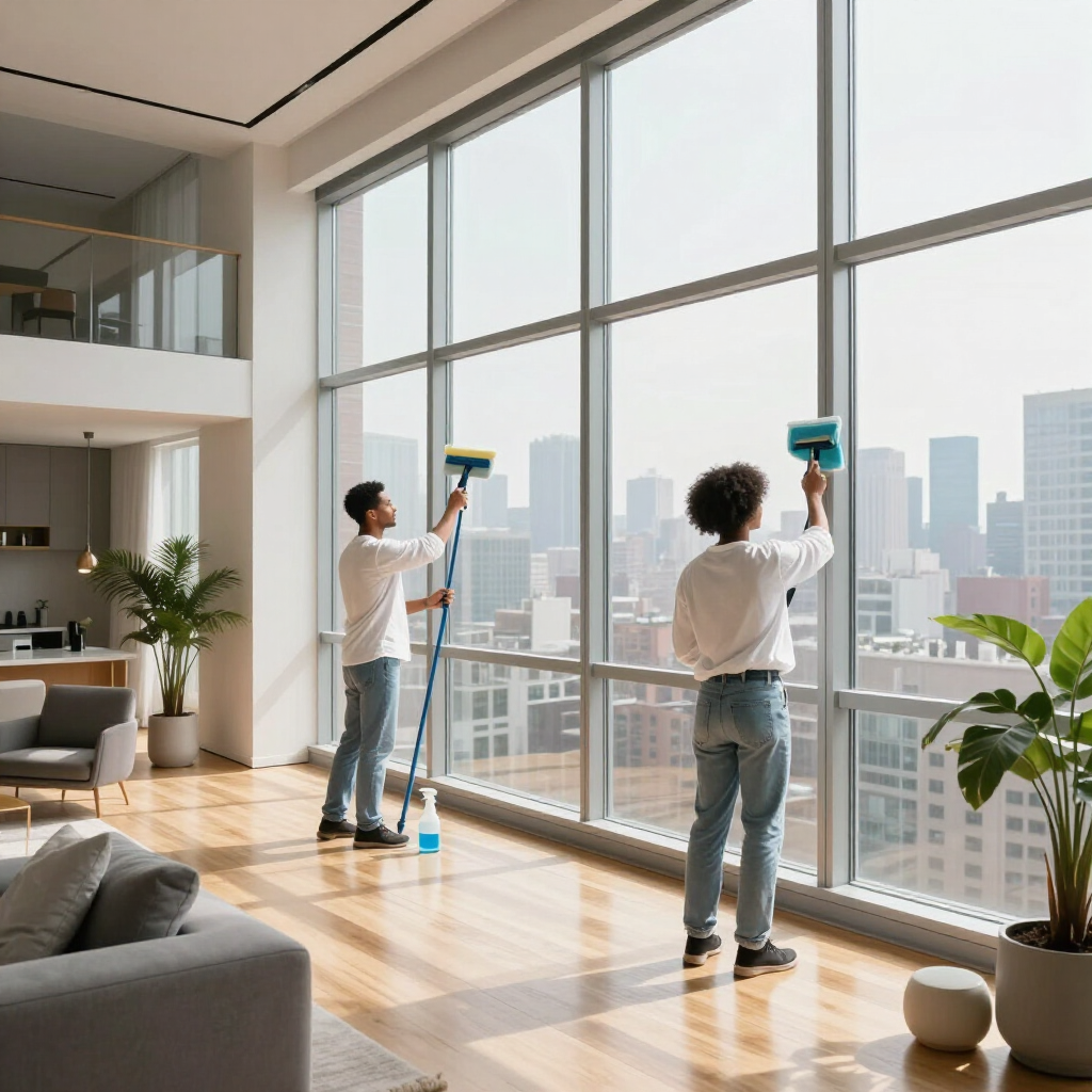 Two cleaners washing floor-to-ceiling windows in a bright high-rise living room with city view
