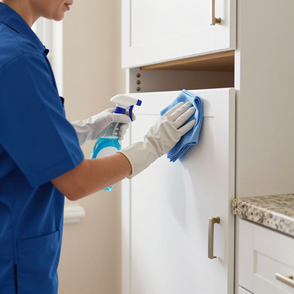 Cleaner spraying and wiping a white kitchen cabinet with gloves and blue cloth