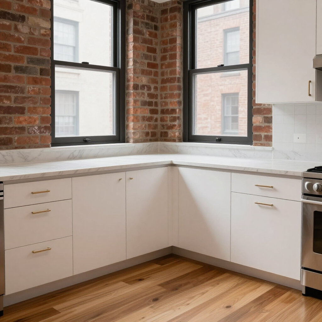 Modern kitchen corner with white cabinets, marble countertop, exposed brick walls, and large windows