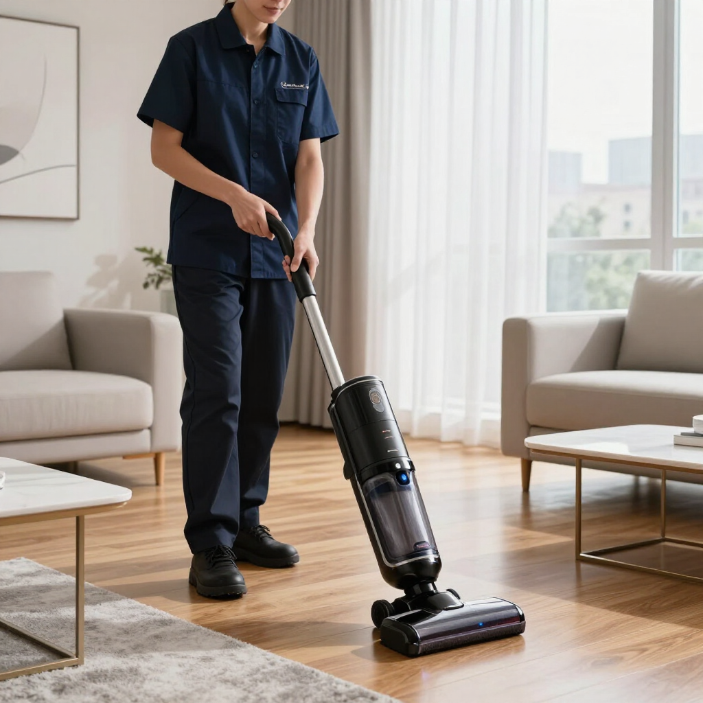 Person using a cordless vacuum on a hardwood floor in a bright living room