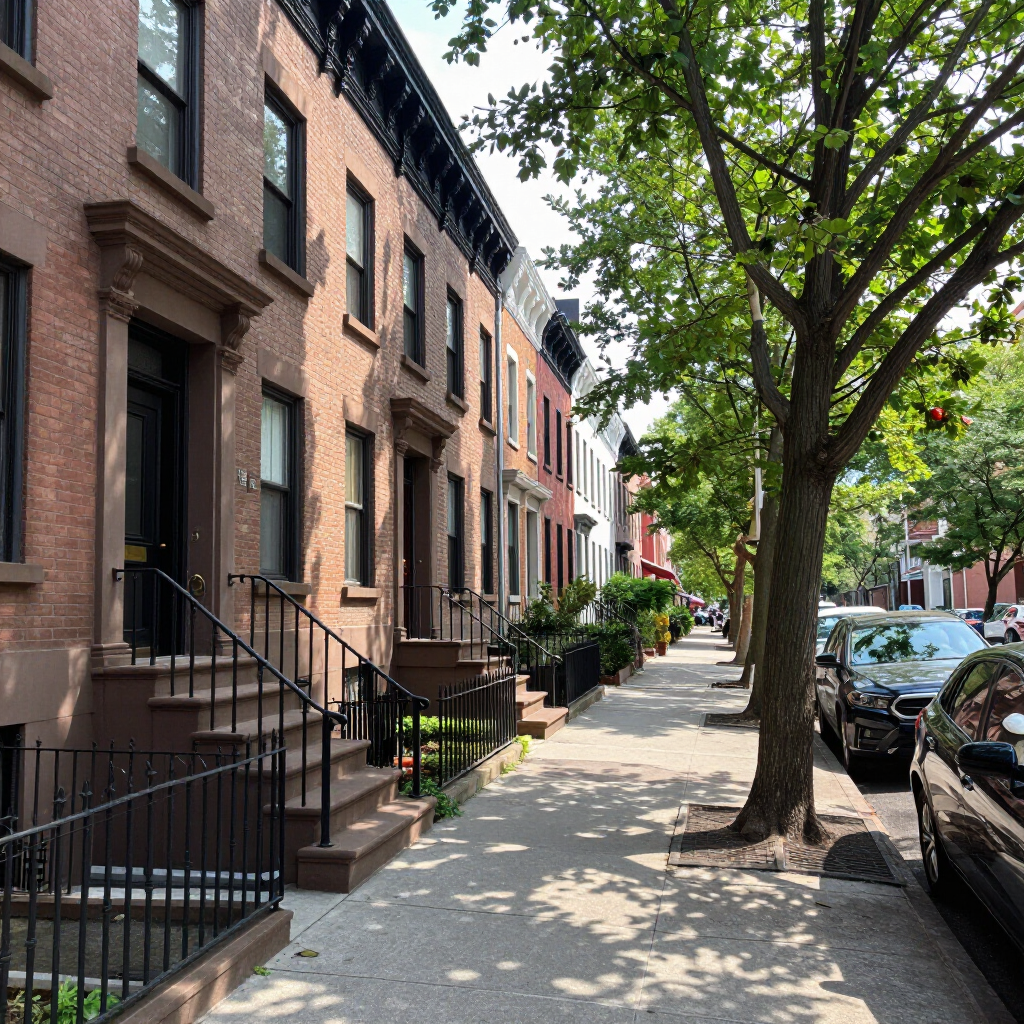 Tree-lined residential street with brick townhouses and parked cars on a sunny day