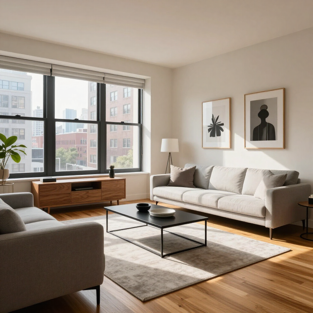 Bright modern living room with beige sofa, coffee table, large windows, and framed wall art.