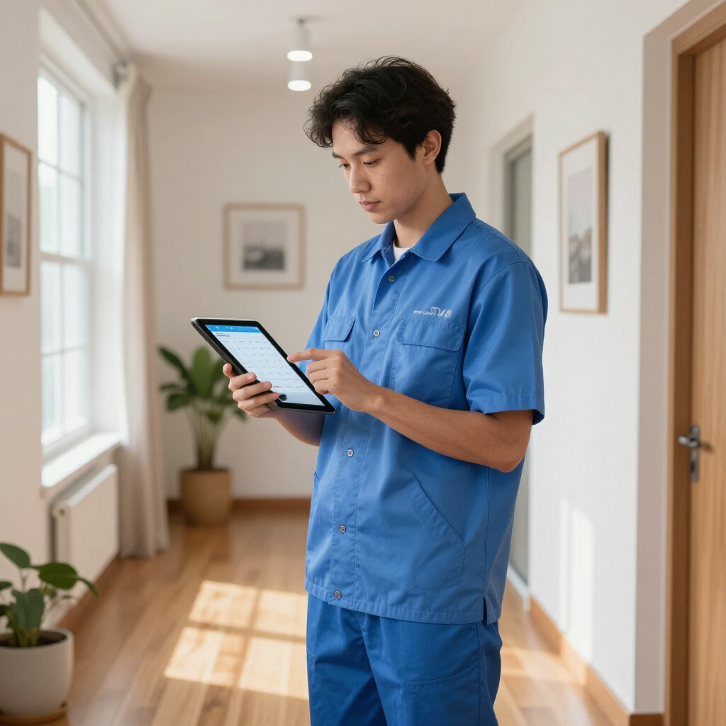 Person in blue scrubs using a tablet in a bright hallway