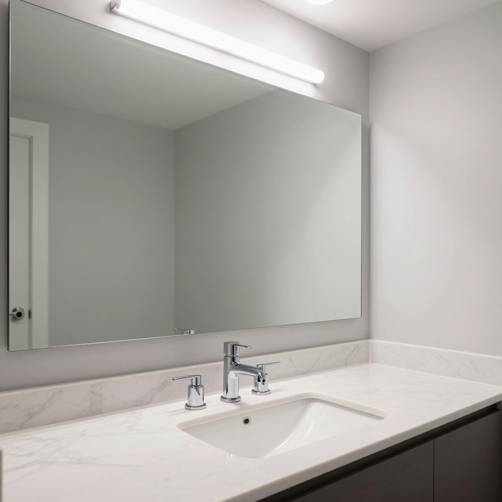 Modern bathroom vanity with large mirror, white countertop, and chrome faucet