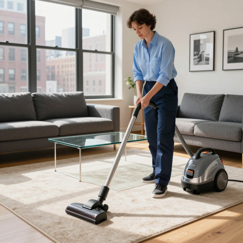 Person vacuuming a rug in a bright living room with a gray sofa and coffee table.