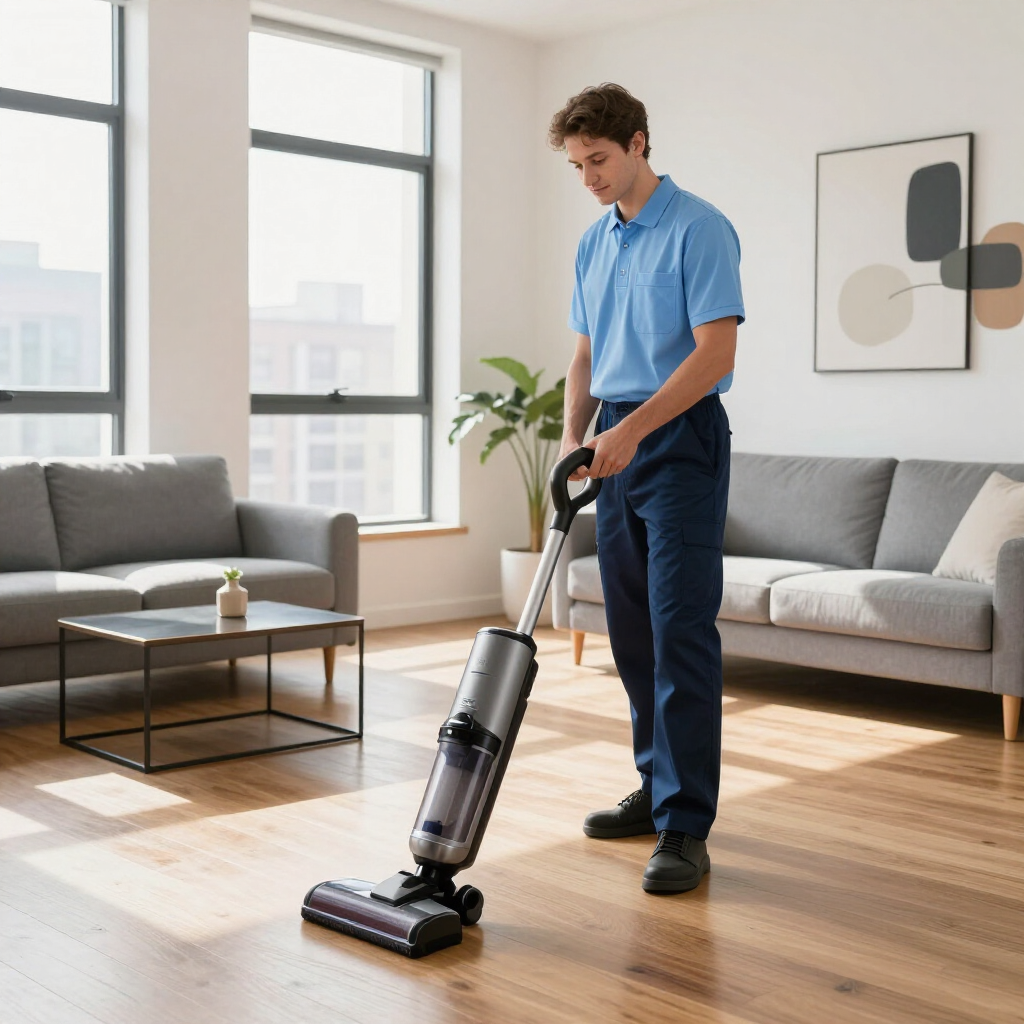 Person vacuuming a bright living room with a cordless stick vacuum