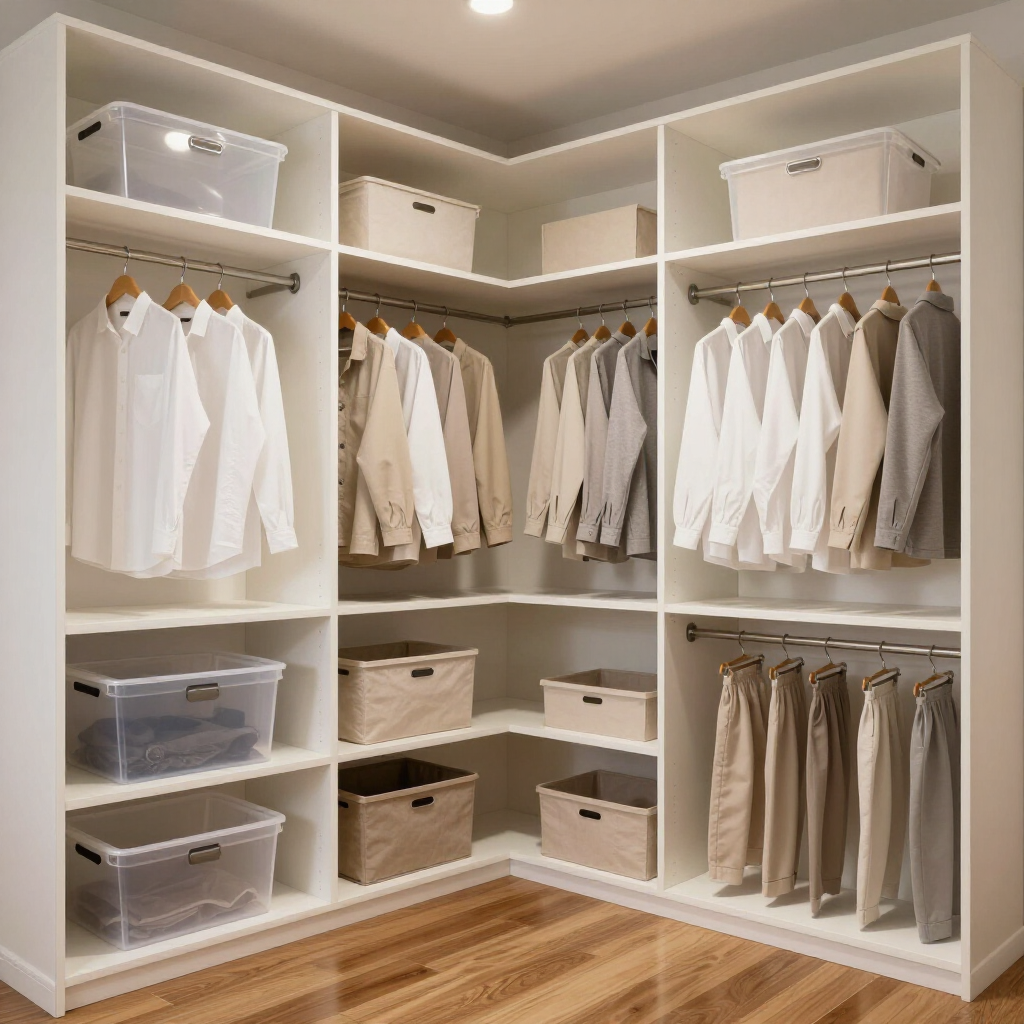 Walk-in closet with white shelves, hanging shirts and pants, and storage bins on a wooden floor.
