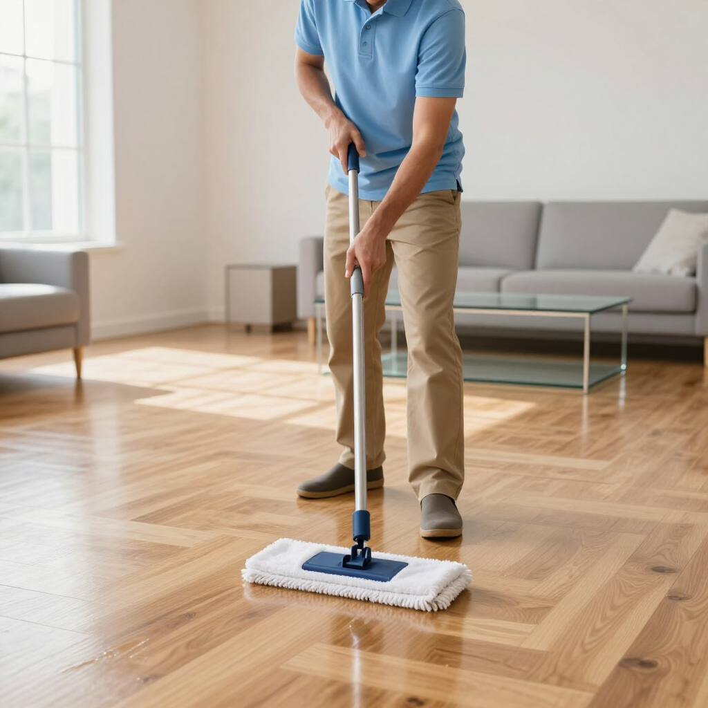 Person mopping a hardwood floor in a bright living room