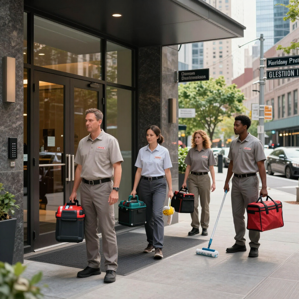 Four hotel staff carrying cleaning supplies walk along a city sidewalk outside a building.