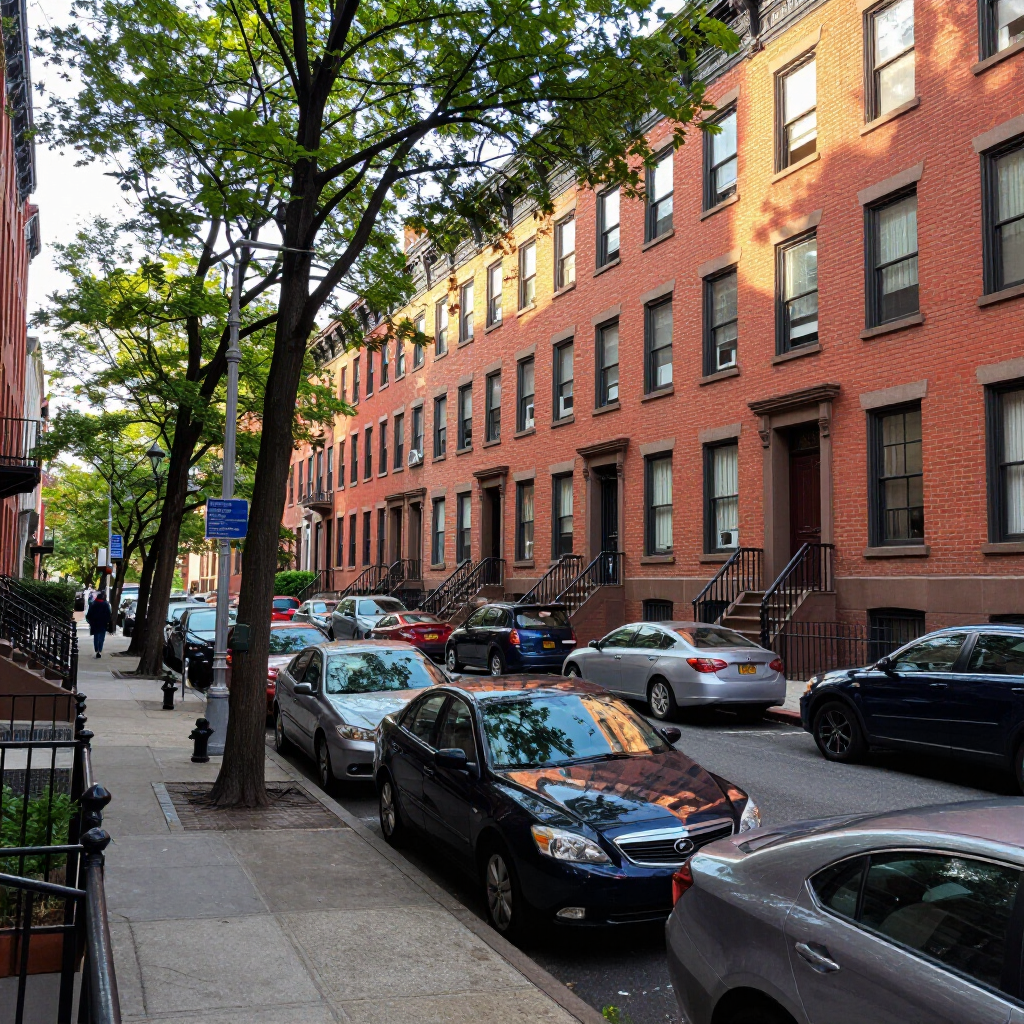 Tree-lined city street with parked cars beside a long red-brick apartment building.