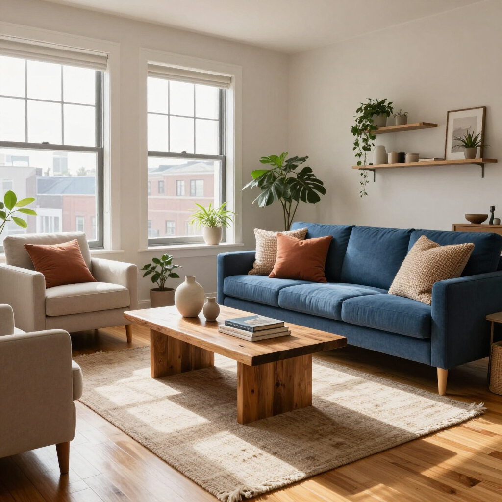 Bright living room with blue sofa, beige chairs, wooden coffee table, and sunlight through large windows