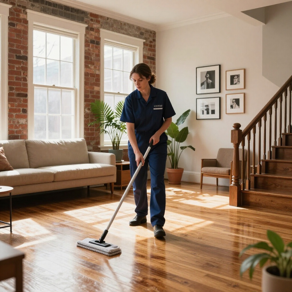 Person mopping a sunlit hardwood floor in a modern living room with brick walls and stairs